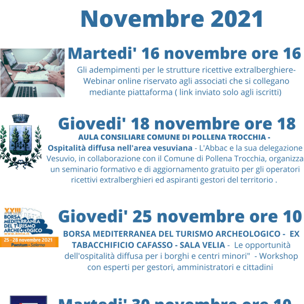 Gli eventi Abbac di novembre. Corsi di aggiornamenti online e workshop a Pollena, Paestum e Sorrento